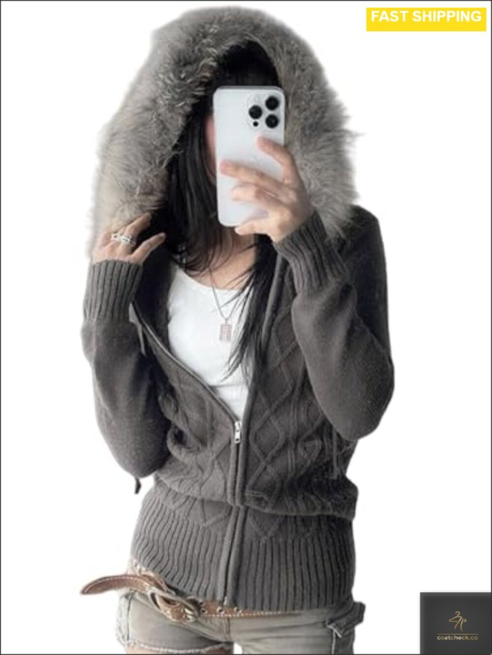 Women Faux Fur Trim Crop Hoodie Zip Up Y2K Long Sleeve Sweatshirt